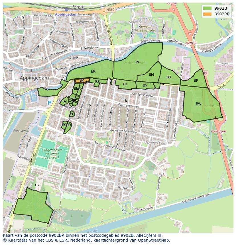 Afbeelding van het postcodegebied 9902 BR op de kaart.