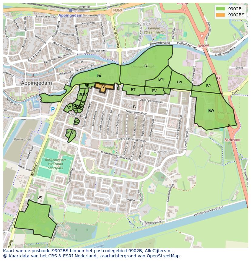 Afbeelding van het postcodegebied 9902 BS op de kaart.
