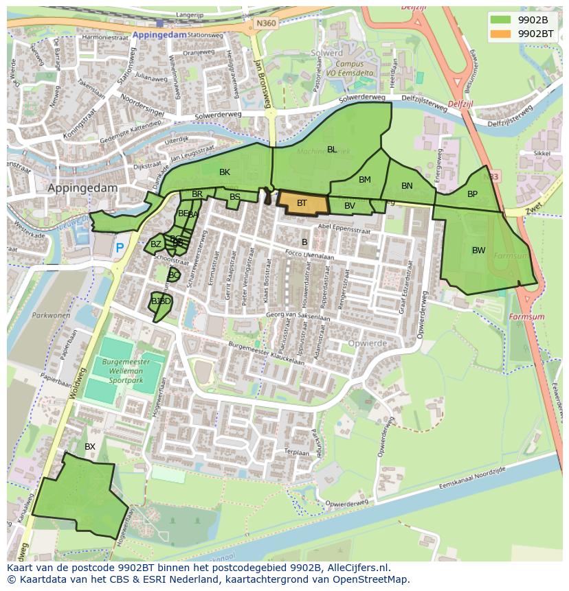 Afbeelding van het postcodegebied 9902 BT op de kaart.