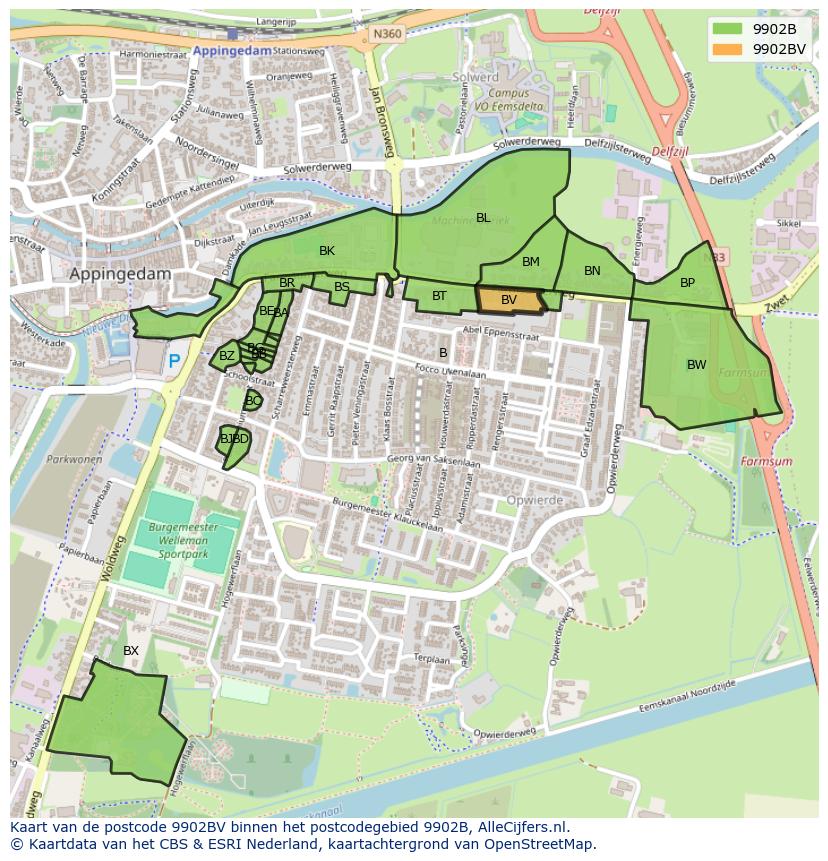 Afbeelding van het postcodegebied 9902 BV op de kaart.