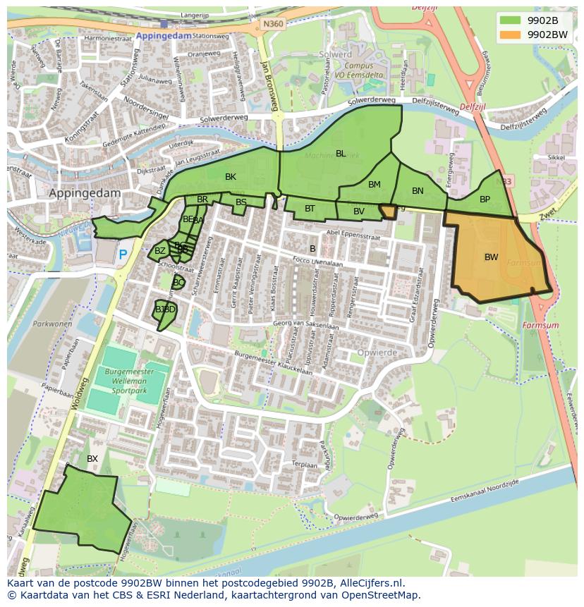 Afbeelding van het postcodegebied 9902 BW op de kaart.