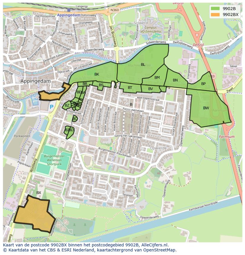 Afbeelding van het postcodegebied 9902 BX op de kaart.