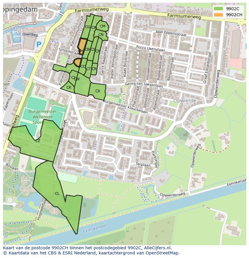 Afbeelding van het postcodegebied 9902 CH op de kaart.