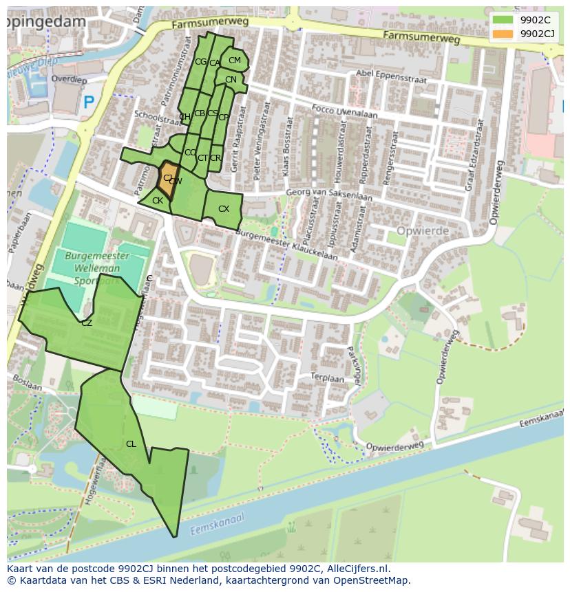 Afbeelding van het postcodegebied 9902 CJ op de kaart.
