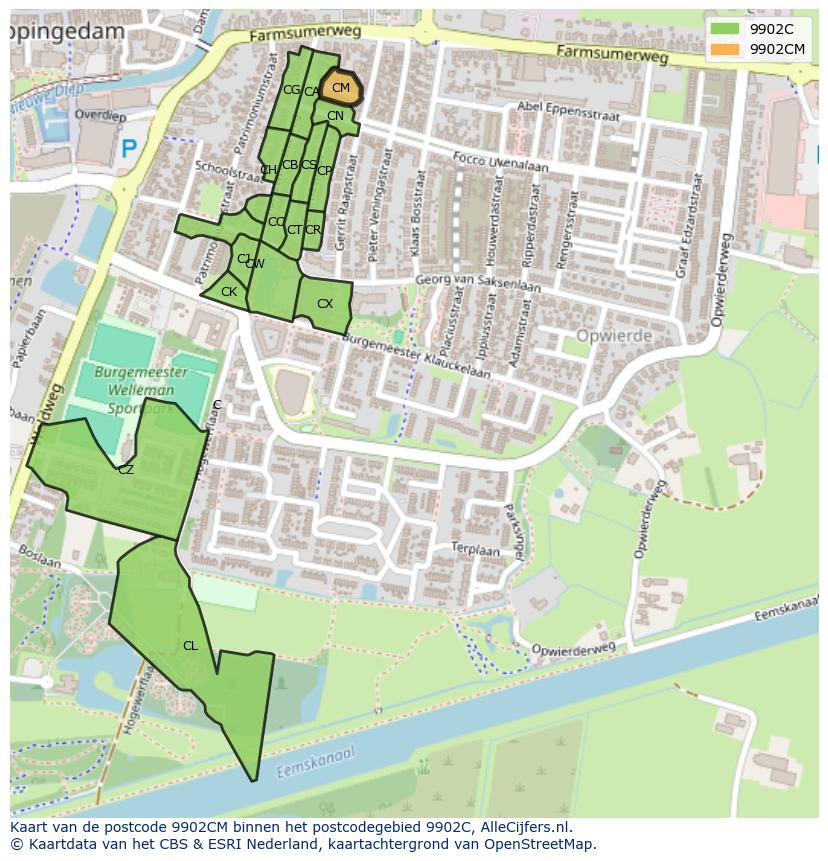 Afbeelding van het postcodegebied 9902 CM op de kaart.