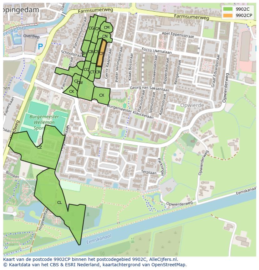 Afbeelding van het postcodegebied 9902 CP op de kaart.