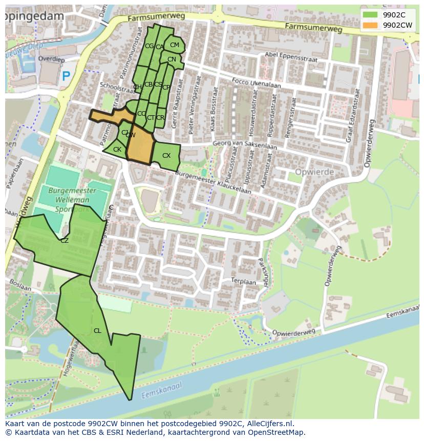Afbeelding van het postcodegebied 9902 CW op de kaart.