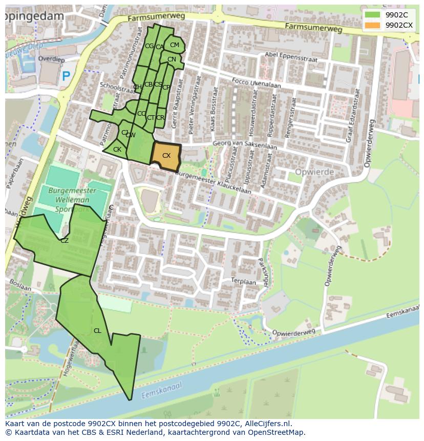 Afbeelding van het postcodegebied 9902 CX op de kaart.