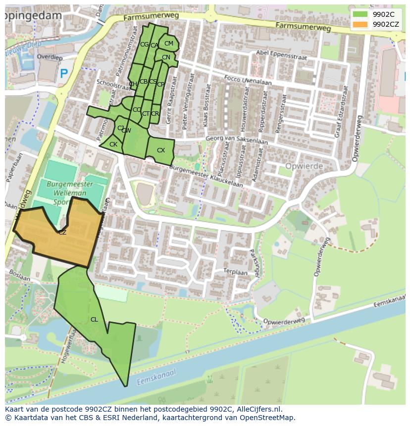 Afbeelding van het postcodegebied 9902 CZ op de kaart.