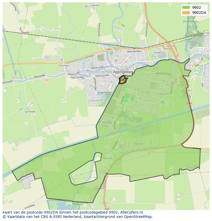 Afbeelding van het postcodegebied 9902 DA op de kaart.