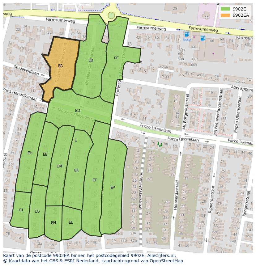 Afbeelding van het postcodegebied 9902 EA op de kaart.