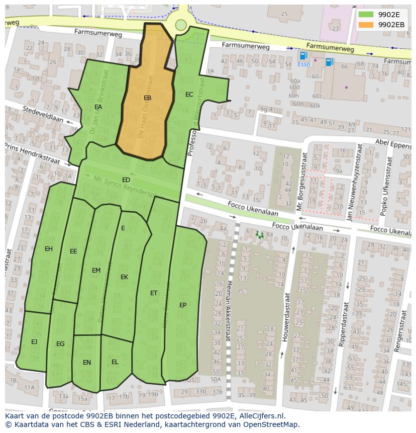 Afbeelding van het postcodegebied 9902 EB op de kaart.