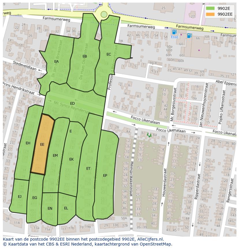 Afbeelding van het postcodegebied 9902 EE op de kaart.