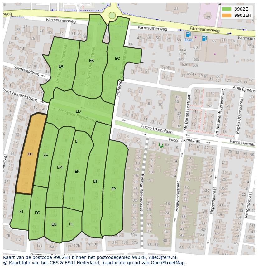 Afbeelding van het postcodegebied 9902 EH op de kaart.