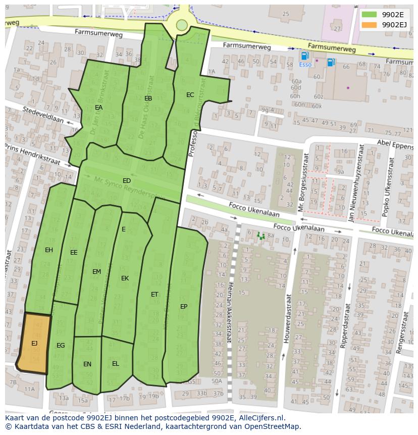 Afbeelding van het postcodegebied 9902 EJ op de kaart.