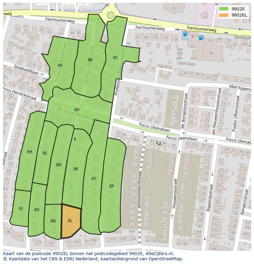 Afbeelding van het postcodegebied 9902 EL op de kaart.