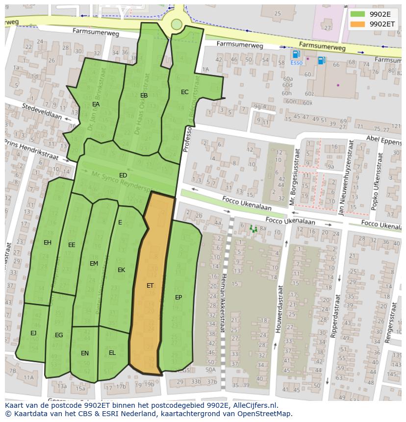 Afbeelding van het postcodegebied 9902 ET op de kaart.