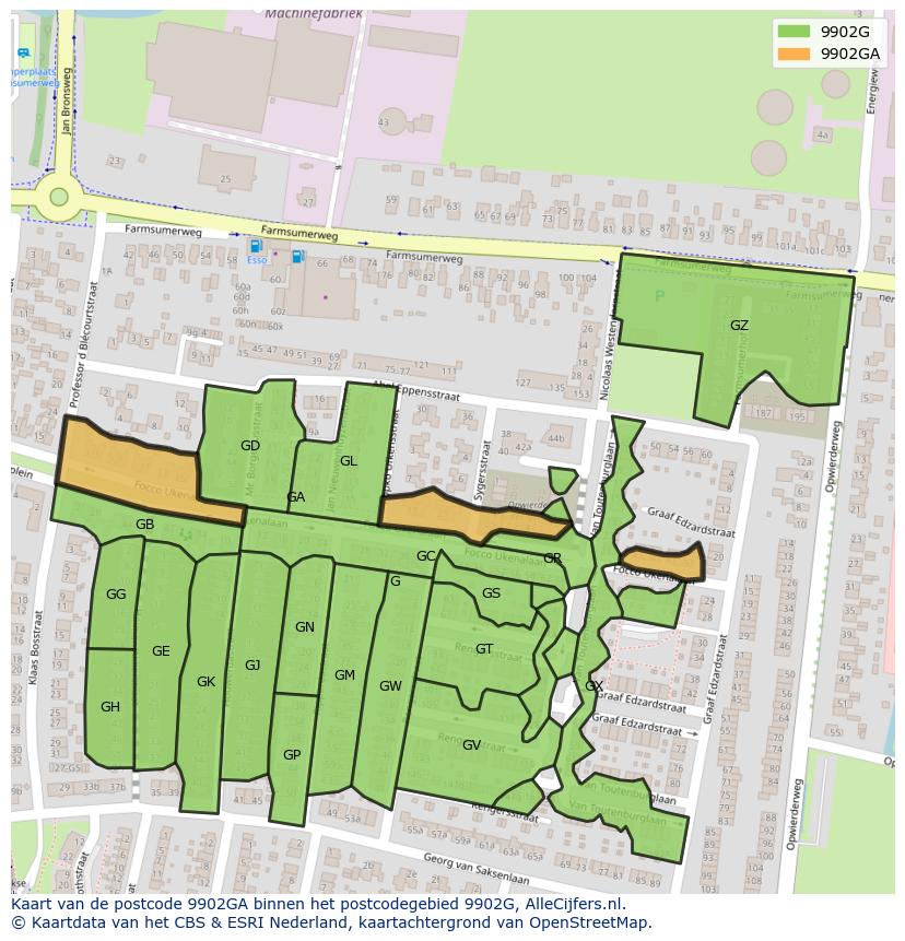 Afbeelding van het postcodegebied 9902 GA op de kaart.