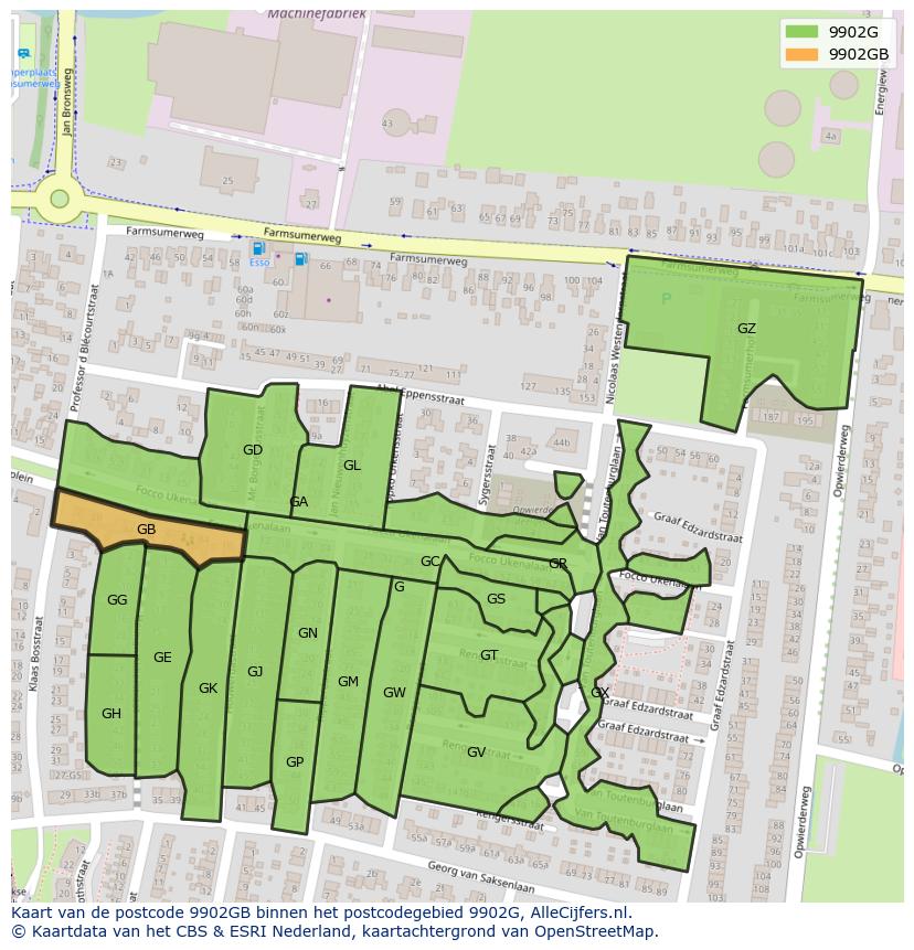 Afbeelding van het postcodegebied 9902 GB op de kaart.