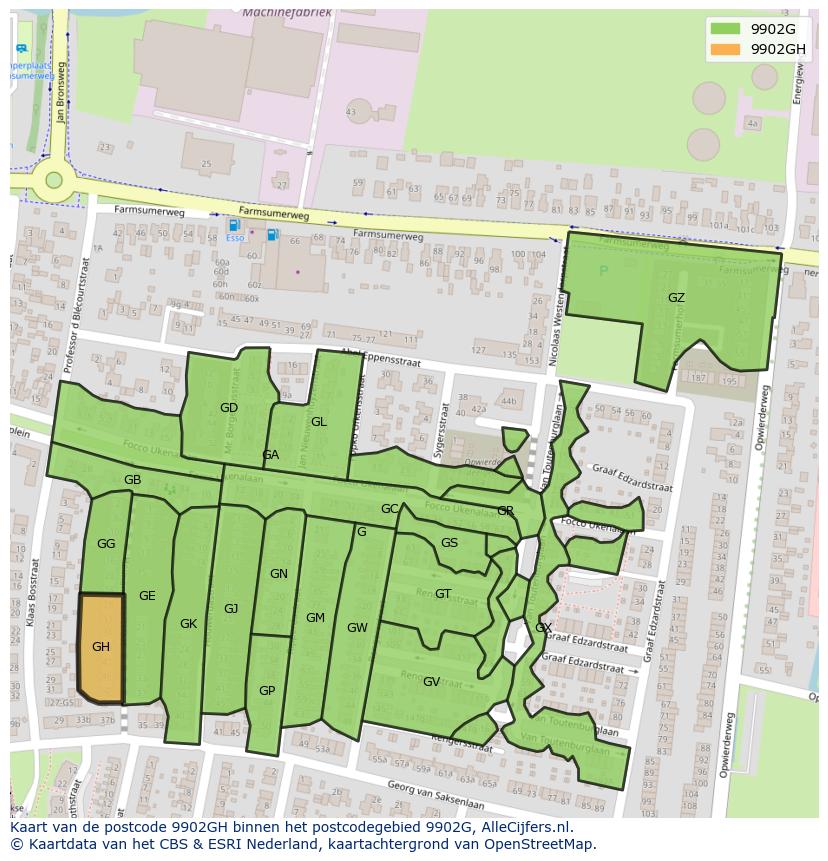 Afbeelding van het postcodegebied 9902 GH op de kaart.