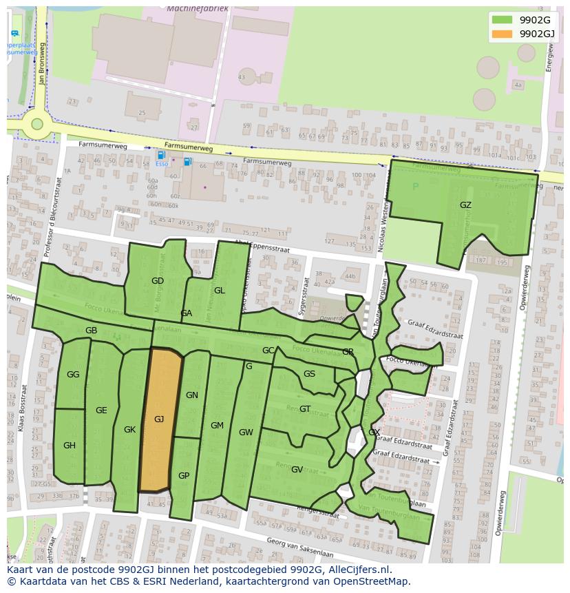 Afbeelding van het postcodegebied 9902 GJ op de kaart.