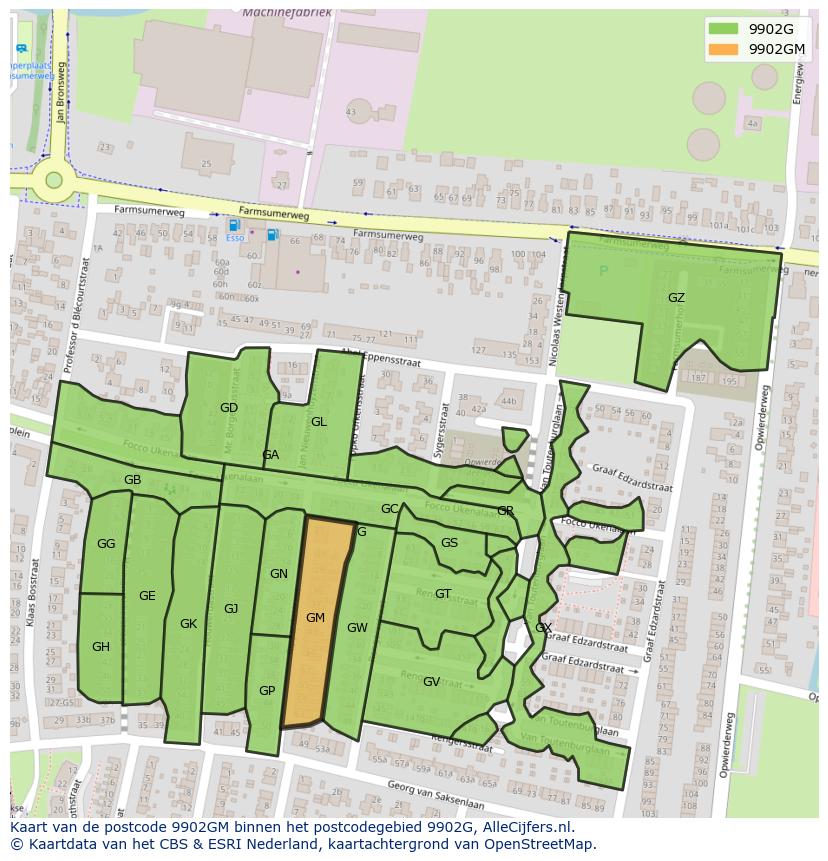 Afbeelding van het postcodegebied 9902 GM op de kaart.