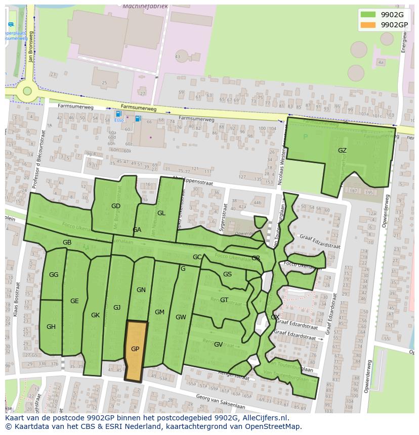 Afbeelding van het postcodegebied 9902 GP op de kaart.