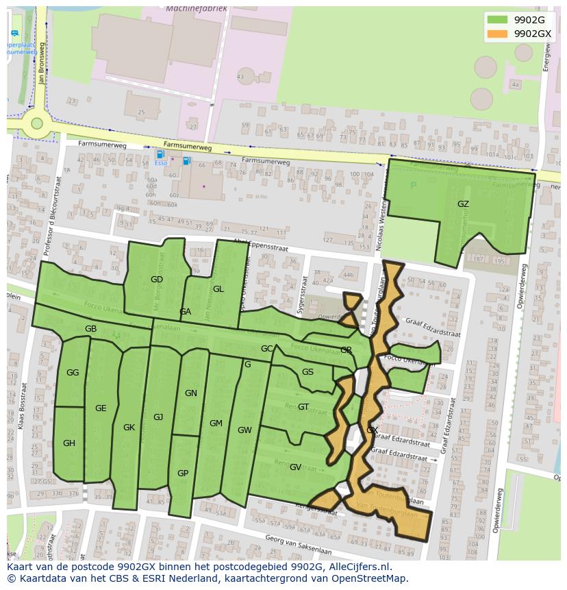 Afbeelding van het postcodegebied 9902 GX op de kaart.