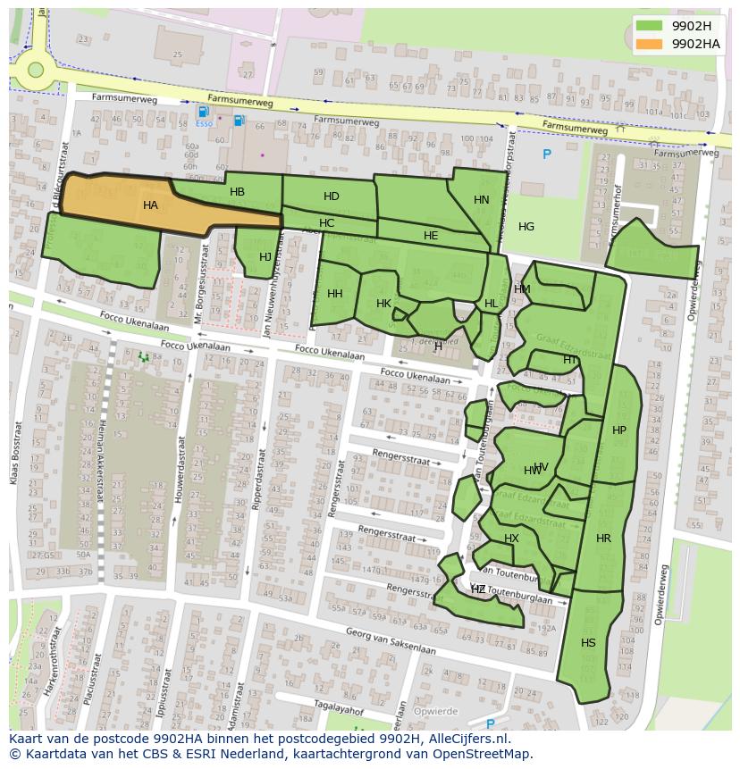 Afbeelding van het postcodegebied 9902 HA op de kaart.