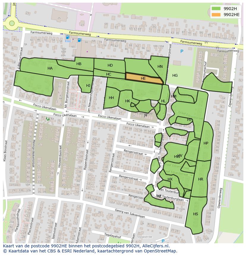 Afbeelding van het postcodegebied 9902 HE op de kaart.