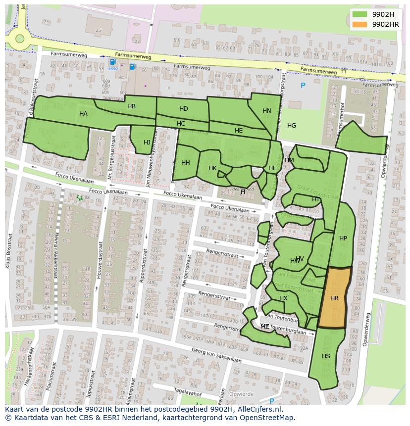 Afbeelding van het postcodegebied 9902 HR op de kaart.
