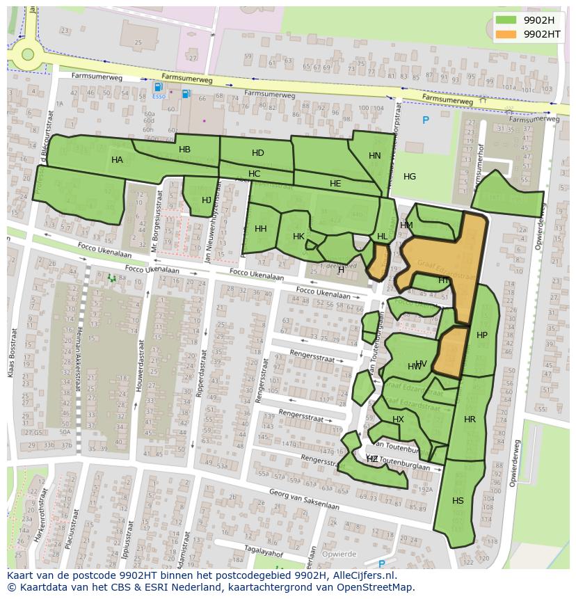 Afbeelding van het postcodegebied 9902 HT op de kaart.