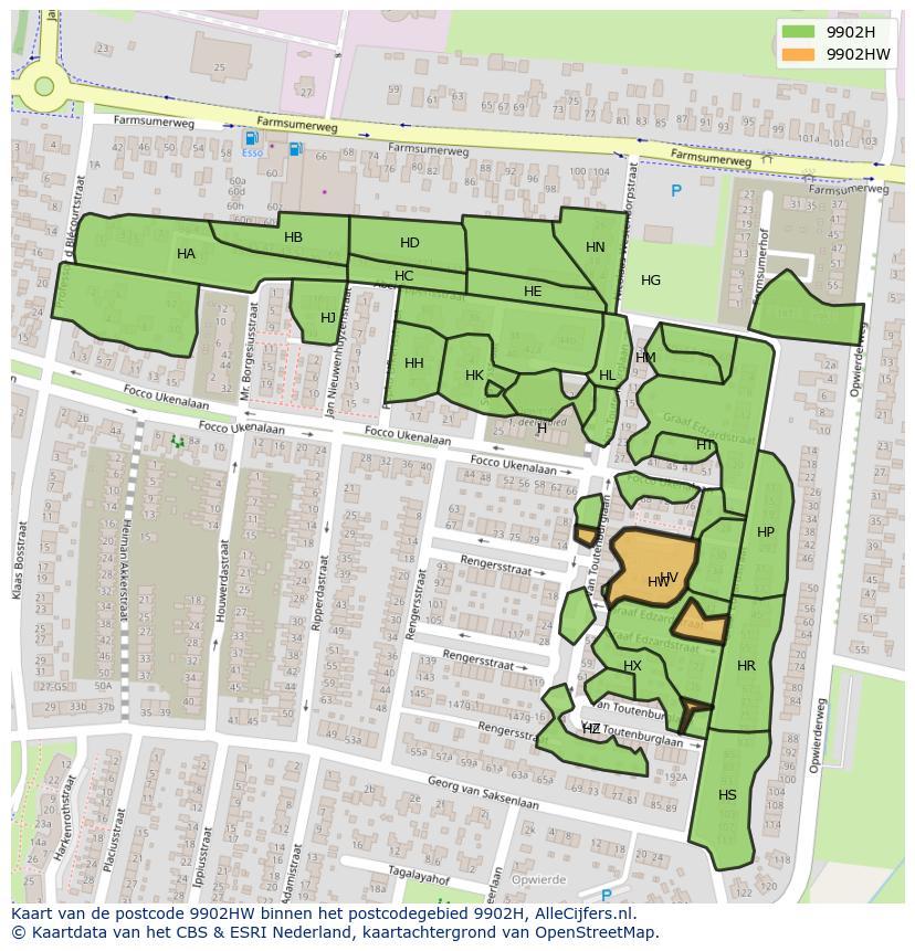 Afbeelding van het postcodegebied 9902 HW op de kaart.