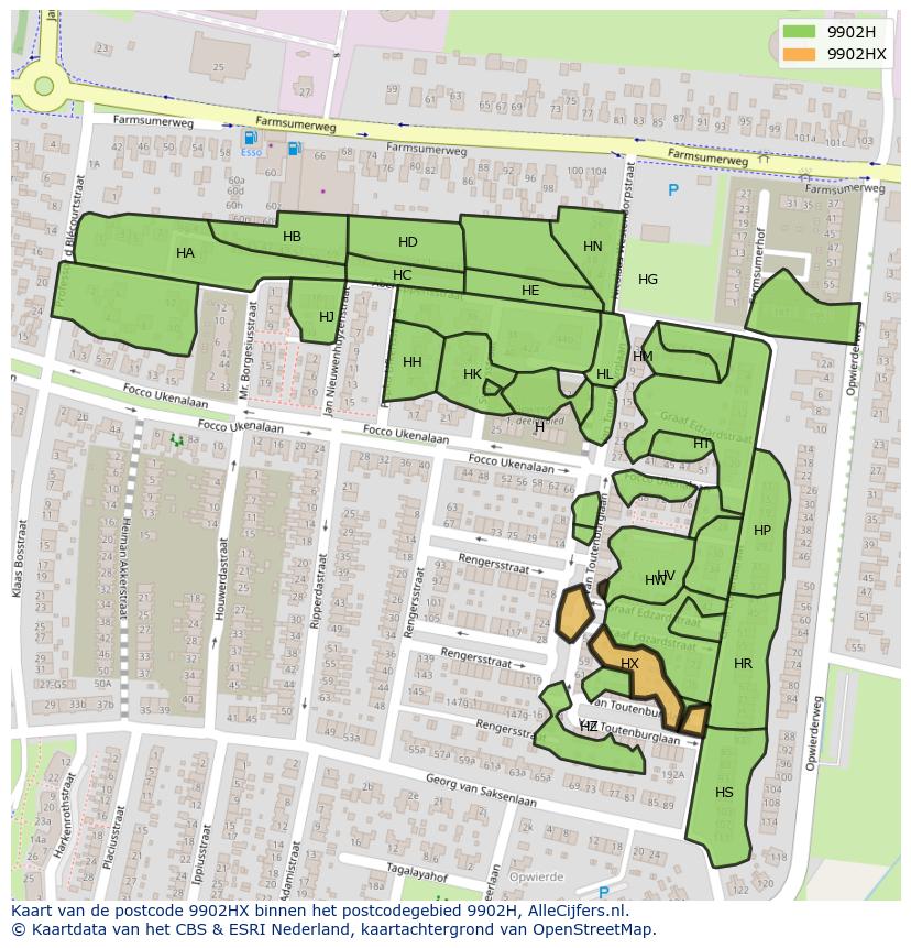 Afbeelding van het postcodegebied 9902 HX op de kaart.