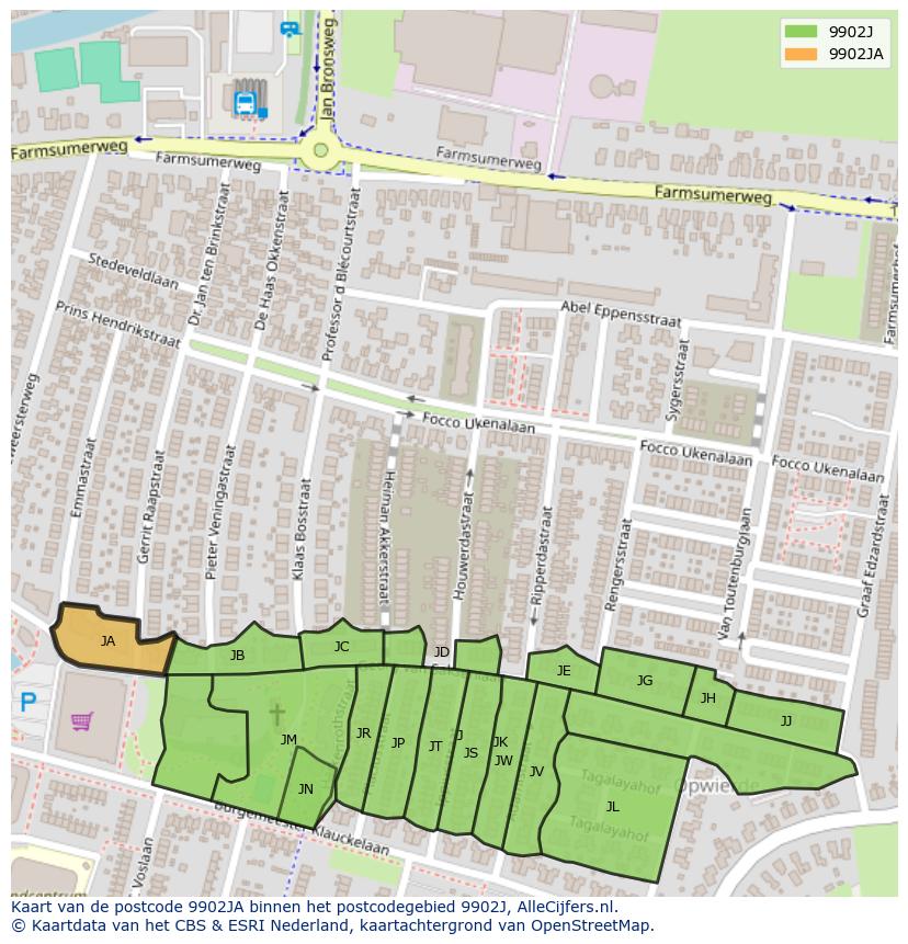 Afbeelding van het postcodegebied 9902 JA op de kaart.