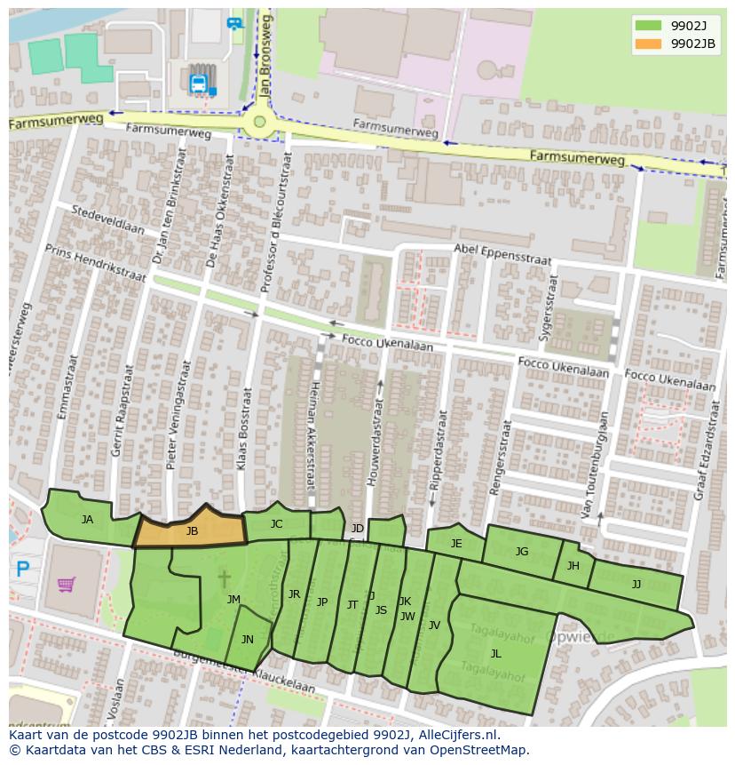 Afbeelding van het postcodegebied 9902 JB op de kaart.
