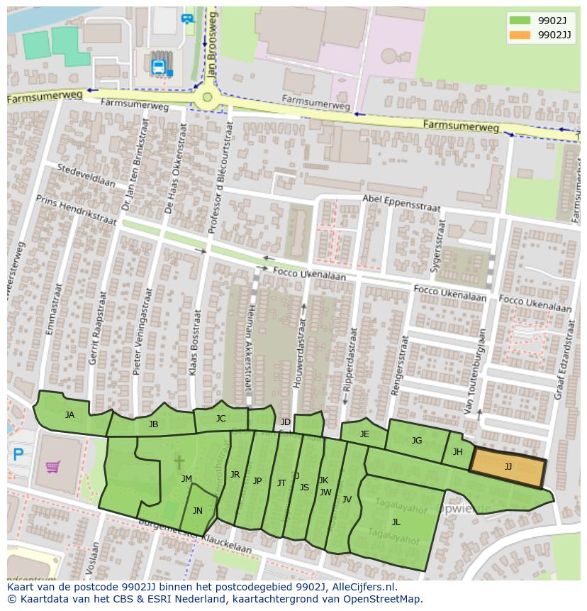 Afbeelding van het postcodegebied 9902 JJ op de kaart.