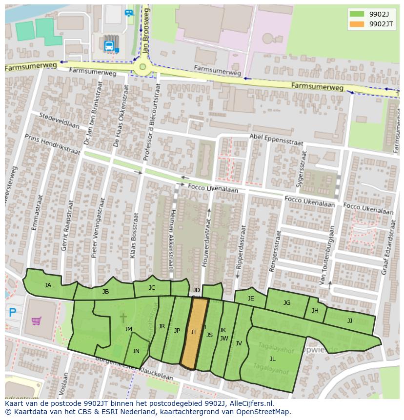 Afbeelding van het postcodegebied 9902 JT op de kaart.