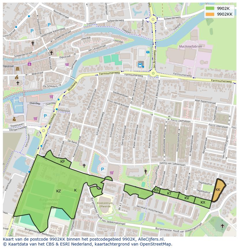 Afbeelding van het postcodegebied 9902 KK op de kaart.