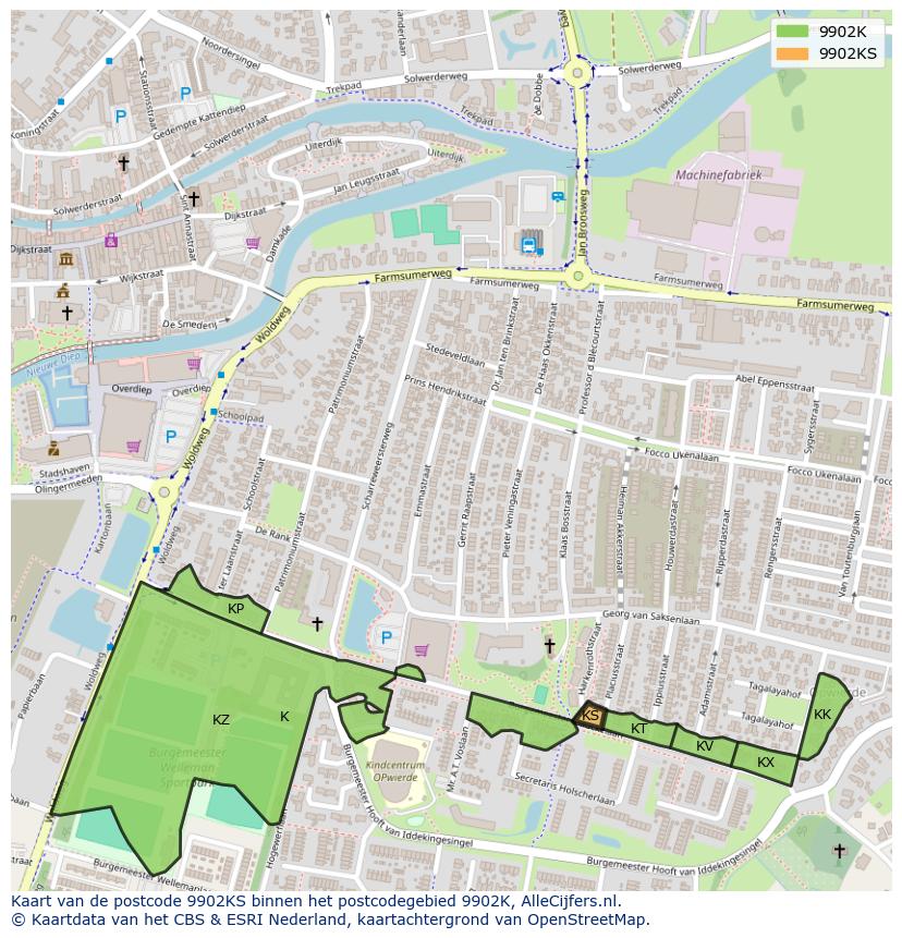 Afbeelding van het postcodegebied 9902 KS op de kaart.