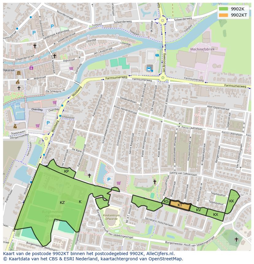 Afbeelding van het postcodegebied 9902 KT op de kaart.