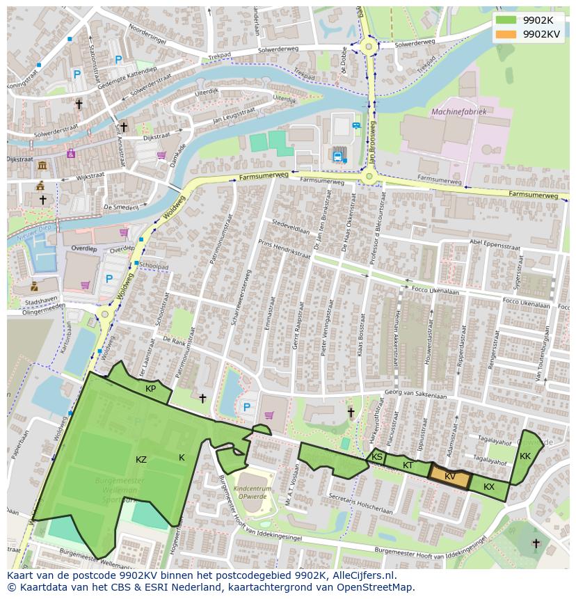Afbeelding van het postcodegebied 9902 KV op de kaart.