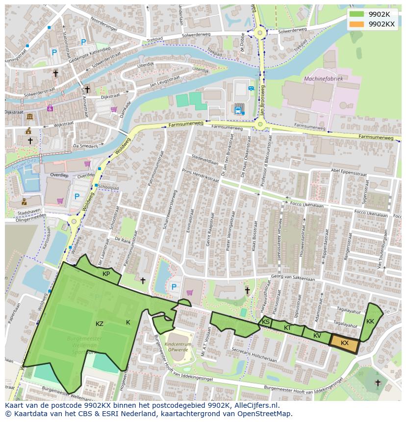 Afbeelding van het postcodegebied 9902 KX op de kaart.