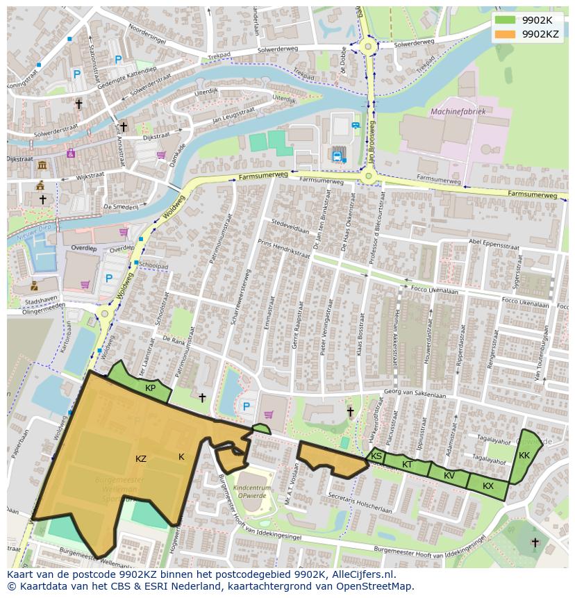 Afbeelding van het postcodegebied 9902 KZ op de kaart.
