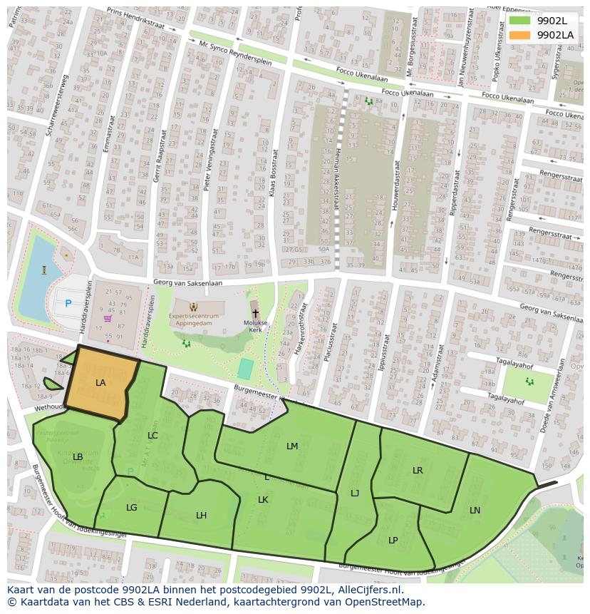Afbeelding van het postcodegebied 9902 LA op de kaart.
