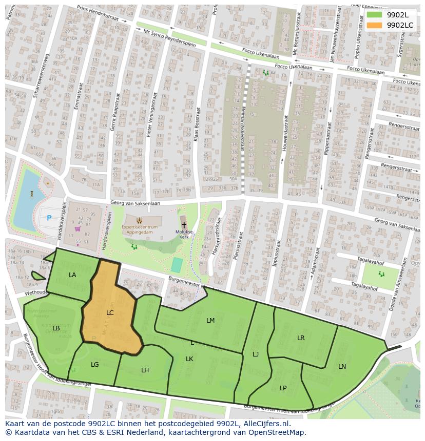 Afbeelding van het postcodegebied 9902 LC op de kaart.