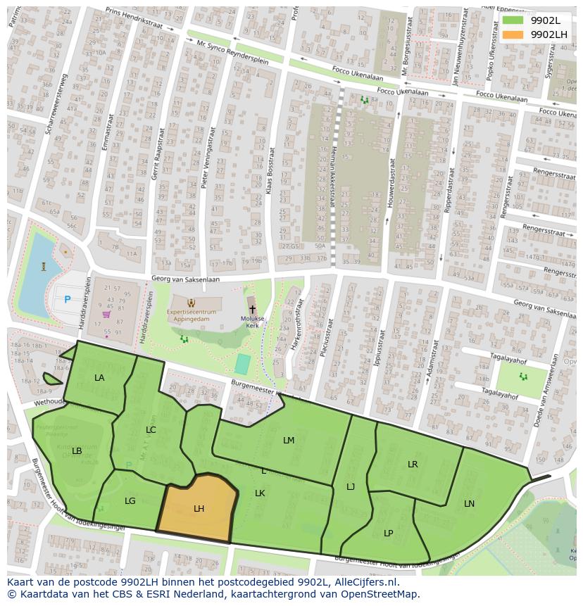 Afbeelding van het postcodegebied 9902 LH op de kaart.