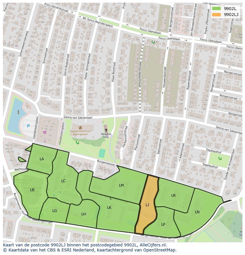 Afbeelding van het postcodegebied 9902 LJ op de kaart.