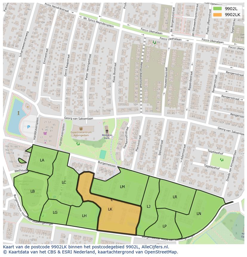 Afbeelding van het postcodegebied 9902 LK op de kaart.