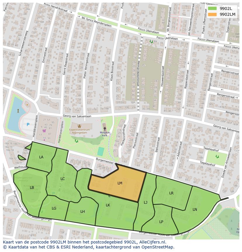 Afbeelding van het postcodegebied 9902 LM op de kaart.